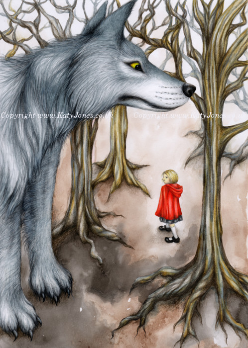 Illustration of Little Red Riding Hood, watched by a gigantic wolf