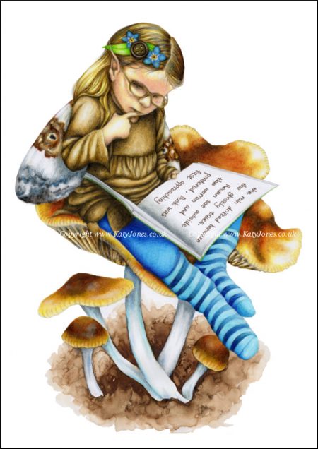 Illustration of a fairy on a blueleg brownie mushroom