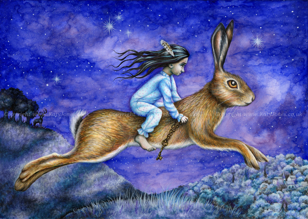 little girl riding hare through a starlit landscape